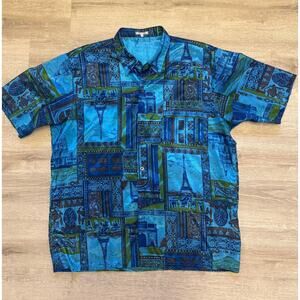 Vintage Thai Silk by Apple Shirt Mens L Button Up Eiffel Tower Blue